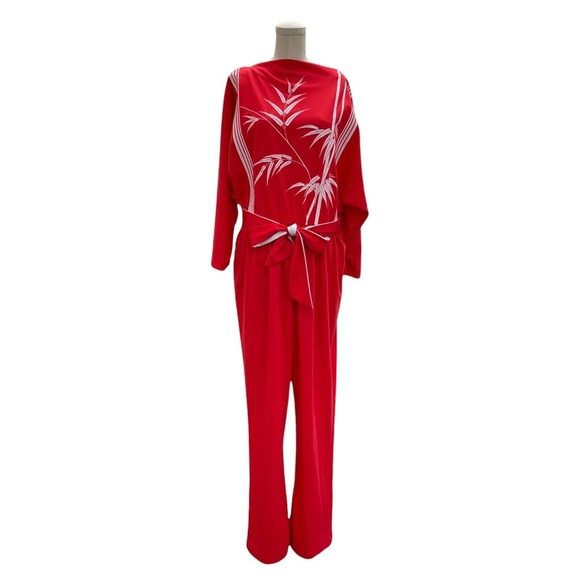Vintage Pants - Deadstock Vintage 70s Alfred Shaheen Red Jumpsuit Tie Waist Belt White Bamboo 18